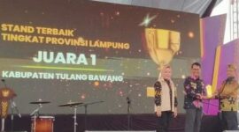 Kabupaten Tulangbawang terpilih menjadi juara pertama kategori stand pameran terbaik dalam GTGN XXVI tahun 2023. (foto: ist)