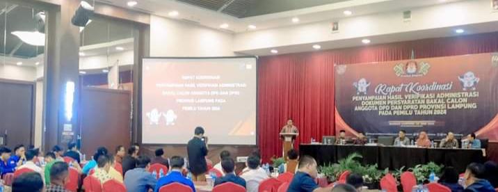 KPU Lampung menggelar Rakor penyampaian hasil verifikasi administrasi dokumen persyaratan Bacalon anggota DPD RI, dan DPRD Provinsi Pemilu tahun 2024, Minggu (25/06/2023). (foto: ist)