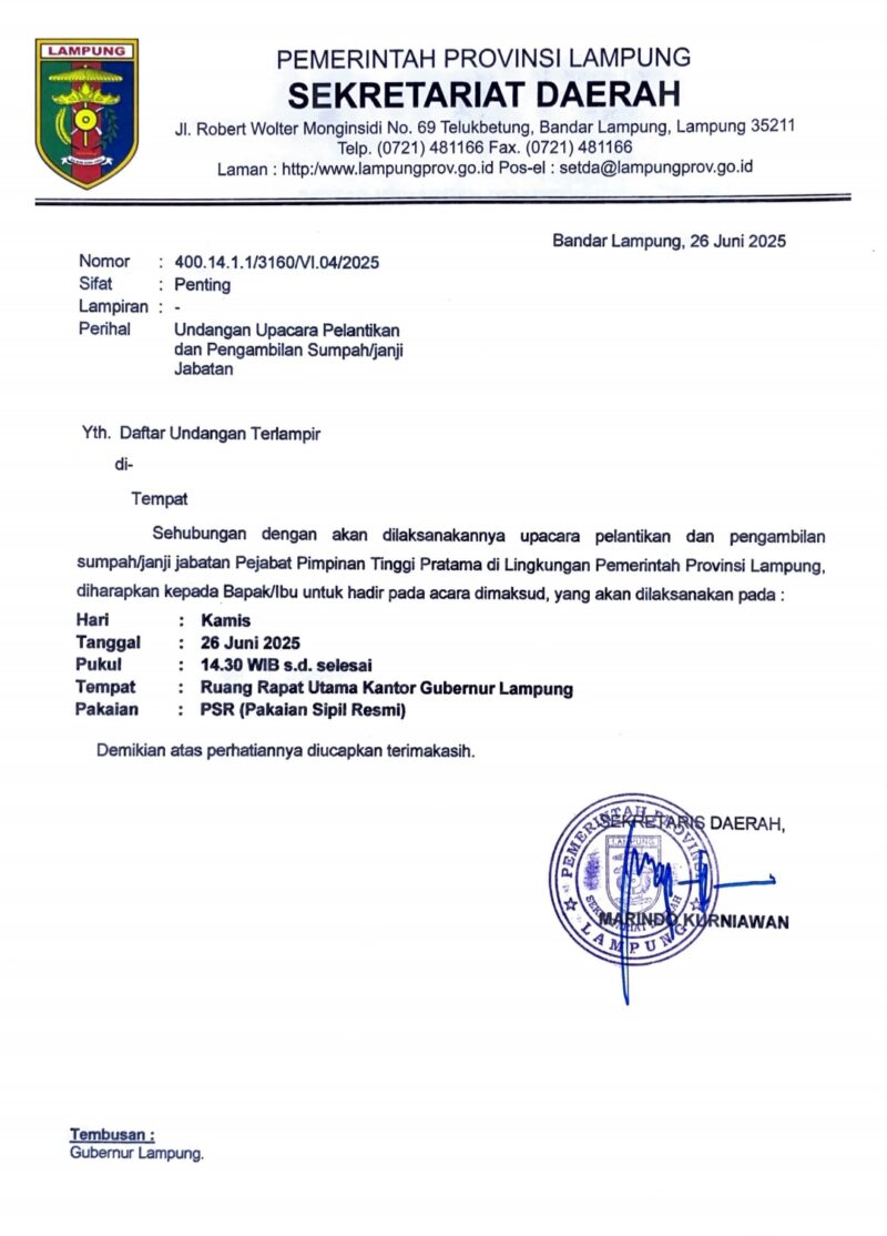 Undangan Pelantikan Pejabat Eselon II Pemprov Lampung. (foto: ist)